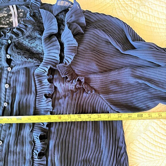Anthropologie Sheer Pleated Ruffled Blouse Navy Blue | Corporate Goth | Size 1X - Picture 8 of 14